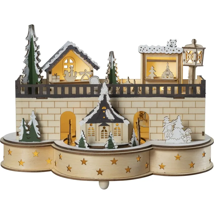 Saico LED-Weihnachtsdorf Seiffen mit beweglichen Figuren & Timer 30 cm warmweiß natur