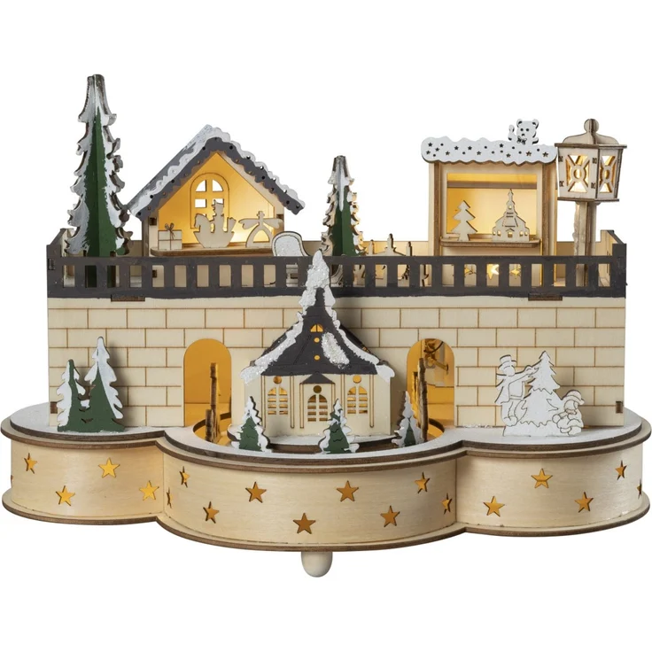Saico LED-Weihnachtsdorf Seiffen mit beweglichen Figuren & Timer 30 cm warmweiß natur