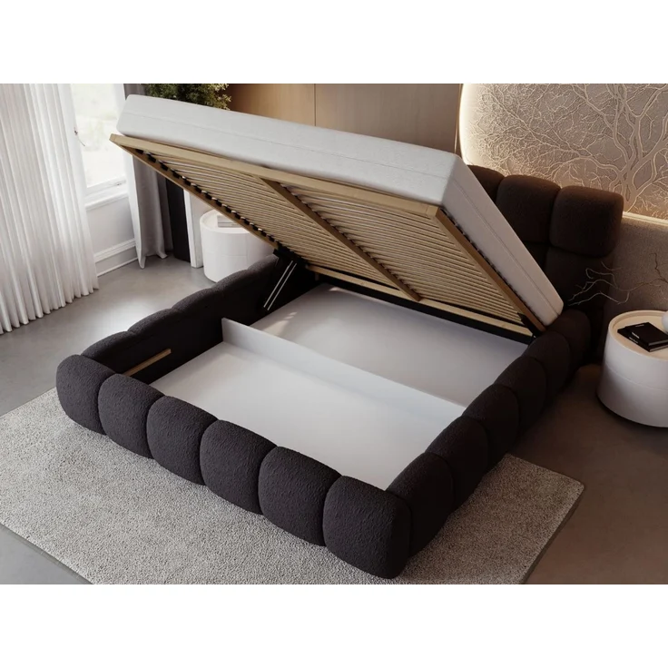 GRAINGOLD Modo Polsterbett 160x200, Doppelbett mit Kopfteil, groß Stauraum, Bouclé-Stoff, Schwarz – Bild 5