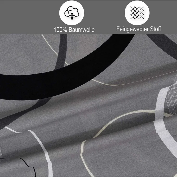 Buymax Bettwäsche Wave, Bettgarnitur, Bettbezug Set, Renforcé: 100% Baumwolle, 3 teilig, mit Reißverschluss, gemustert, Kreise, Grau, Schwarz, 200x220 cm – Bild 3
