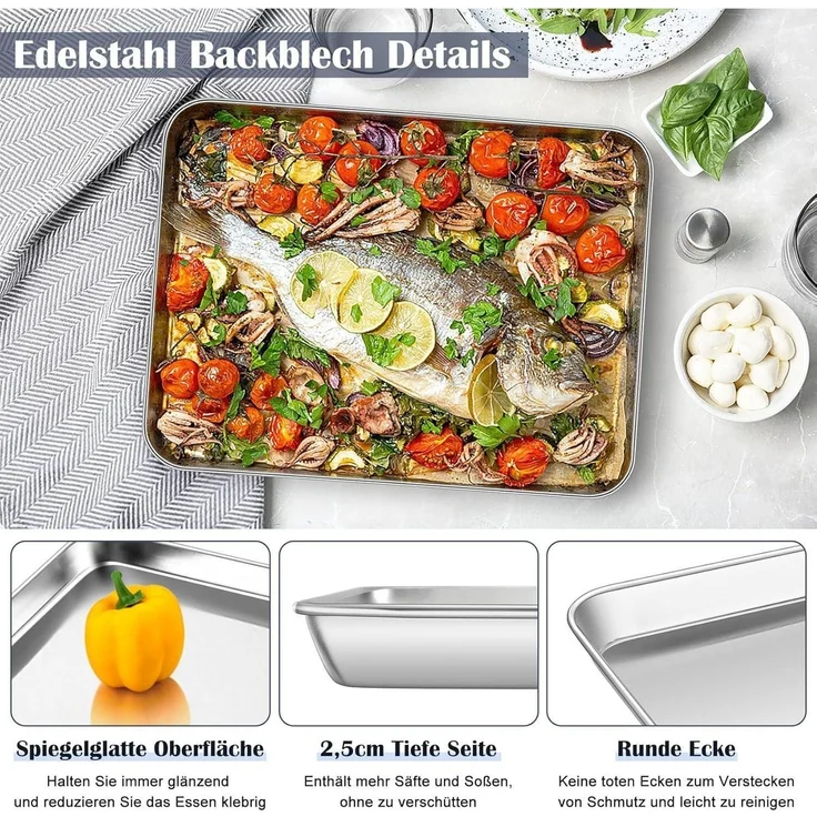 Homikit Backblech mit Abkühlgitter Edelstahl Rechteckig 31,5x24,6x2,5cm – Bild 3
