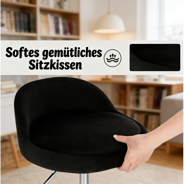 Bürohocker aus Samt, höhenverstellbar & drehbar, Sitz 30x30 cm, Schwarz – Bild 5