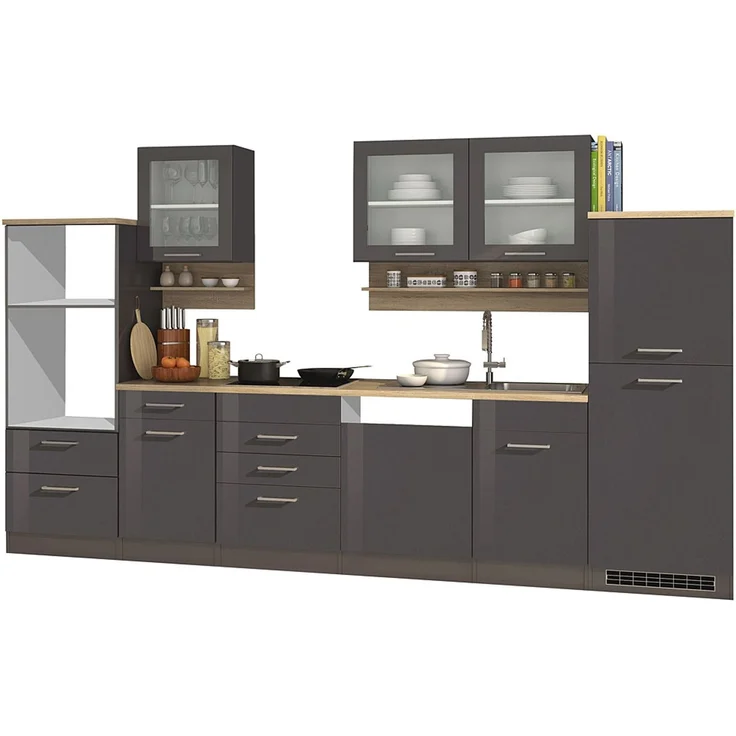 Küche 340 cm grau MARANELLO-03 Anthrazit Hochglanz, ohne E-Geräte B x H x T ca. 340 x 200 x 60cm