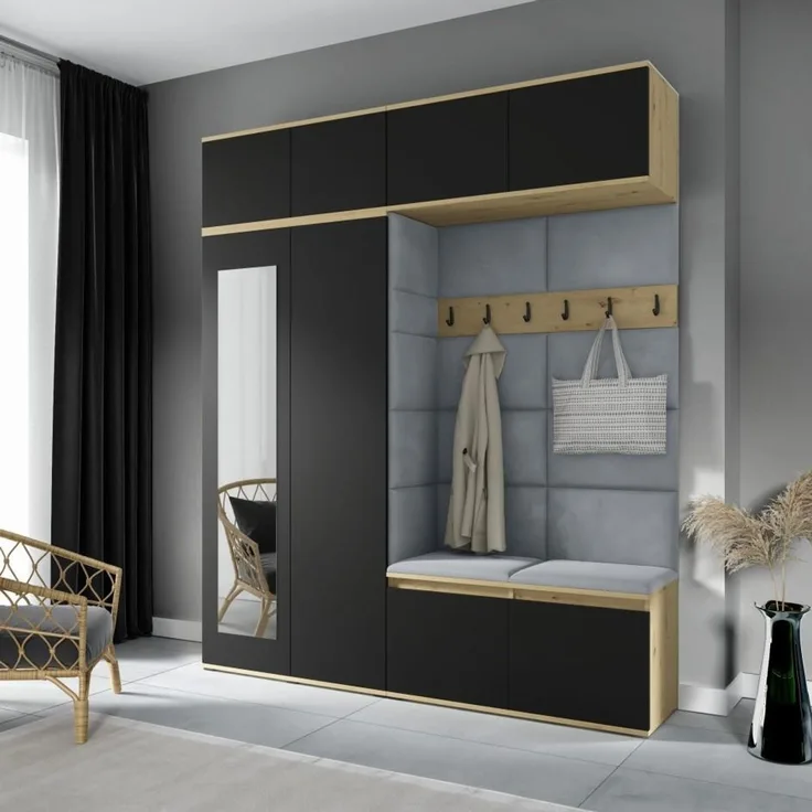 Garderoben-Set NIKOLA Kleiderschrank mit Polsterplatten, Schuhschrank und Schrankaufsatz 90 cm Flur und Eingangsbereich (Artisan/Schwarz, Trinity 14), 225 x 40 x 90 cm