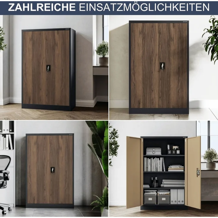 Aktenschrank abschließbar KADO - 4 Ebenen verstellbar, Flügeltüren | Metallschrank Werkstatt Mehrzweckschrank Büroschrank aus Stahl Werkzeugschrank, 140x90x40cm Anthrazit-Nussbaum – Bild 6