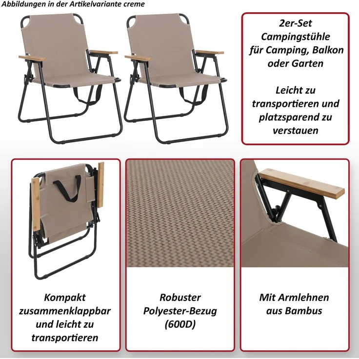 2er-Set Campingstuhl HWC-Q43, Gartenstuhl Balkonstuhl Freizeitstuhl, klappbar Bambus Metall Stoff/Textil ~ schwarz – Bild 2