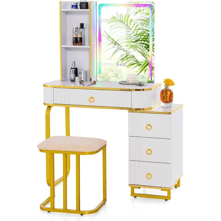 COSTWAY Schminktisch, mit 14 dimmbaren LED-Leuchten, USB-Anschluss, Hocker – Bild 5