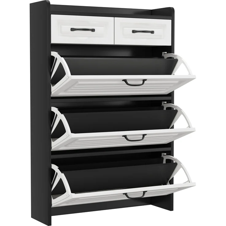 Schuhkommode 80x23,5x131 cm – drehbares Regal mit 3 Klappen und 2 Schubladen – Bild 9