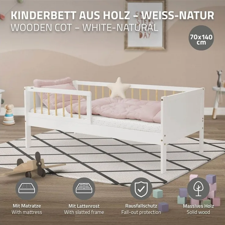 ML-DESIGN Kinderbett Bodenbett Juniorbett inkl. Lattenrost Einzelbett für Kinder Jugendbett, Junior-Bett mit Rausfallschutz & Matratze Bettrahmen aus MDF / Kiefer