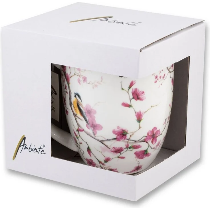 Ambiente Luxury Paper Products Tasse, Keramik, Tasse 10cm Porzellan mit Kirschblüten & Vogel Motiv Rosa / Weiß – Bild 2