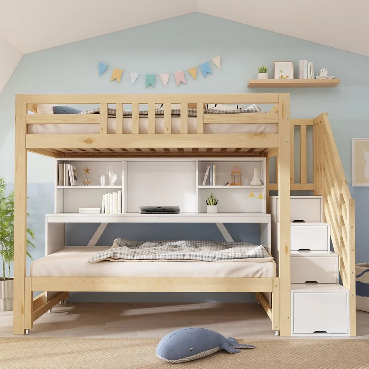 Hochbett Liegefläche 90/200 + 90/190 cm mit Ausziehbett, Schreibtisch, Regal, Weiß/Eiche, ohne Matratze – Bild 4