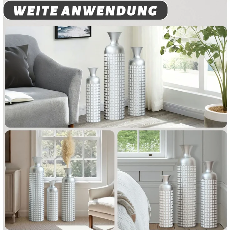 Metall Bodenvase Silber, 3er Set Moderne Hochglanz Vase mit Punktmuster, 49,5/66/84 cm Groß Dekovase für Wohnzimmer, Esszimmer, Flur, Deko für Trockenblumen und Pampasgras--Silber--92x24.5x24.5cm--YOUDENOVA – Bild 6