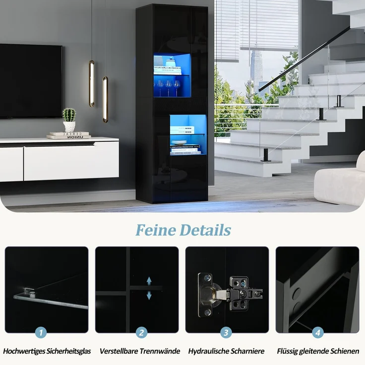 55*38*170cm Verkaufsvitrine, Hochschrank mit 1 Schublade und 4 Schränken,Glasvitrine Vitrinenschränke mit led , Vitrinen Mit Hochglanz-Design,Wohnzimmerschränke, Vitrinen, Schaukästen,Schwarz – Bild 6