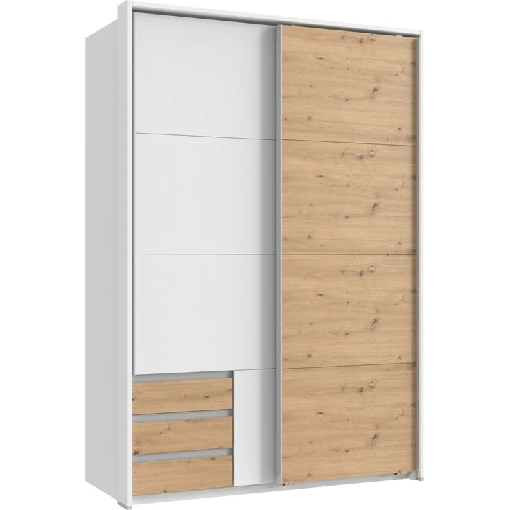 Schwebetürenschrank Kleiderschrank 138cm Weiß Passepartout Eiche Artisan Dekor – Bild 1