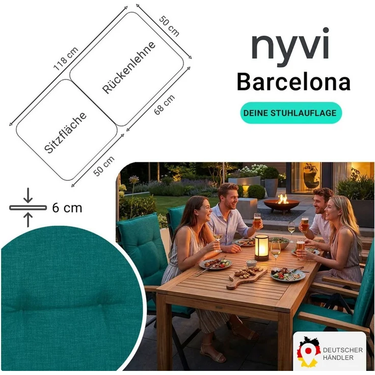 NYVI Hochlehnerauflage Hochlehner Auflagen 4er Set Barcelona - Gartenstuhlauflagen 118x50cm, (4 St), Stuhlauflage, Sitzauflage mit Halteband, UV-fest – Bild 2