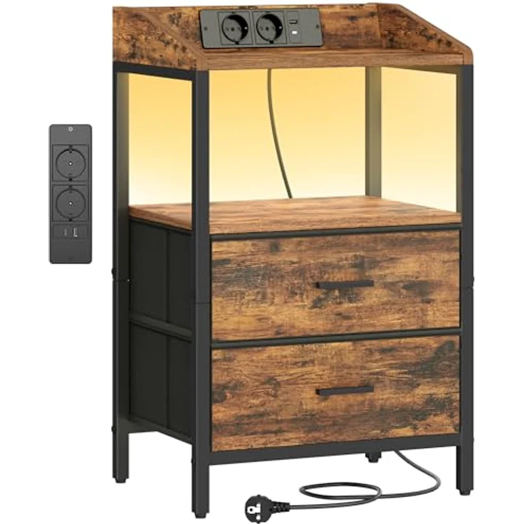 Nachttisch mit LED-Leuchten und ladefunktion, Beistelltisch mit 2 Stoff-Schubladen mit USB-Anschlüssen & Steckdosen, für Schlafzimmer, Wohnzimmer, Vintage Braun-Schwarz – Bild 10