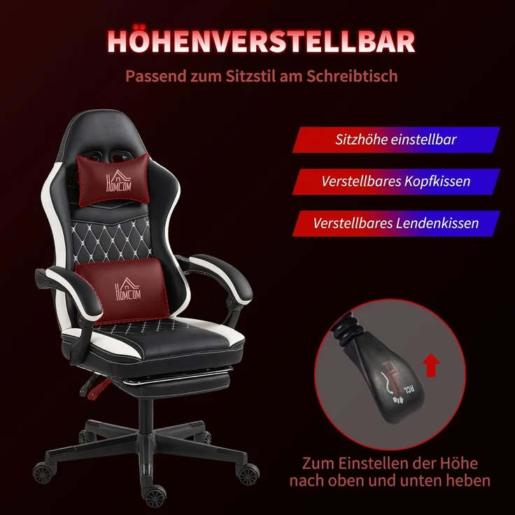 HOMCOM Gaming Stuhl Ergonomischer Gamer Stuhl mit Lendenwirbelstütze, Fußstütze, Höhenverstellbar Gaming Sessel mit Kopfkissen, Liegefunktion Bürostuhl mit Diamantgenähtem Muster Kunstleder Grün – Bild 4