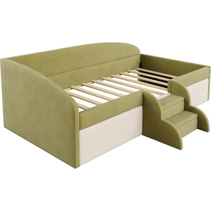 Kinderbett 90×190 cm mit Samt,Colorblock-Design,Schutzgitter & rutschfesten Stufen,gepolstertes Juniorbett,Dunkelgrün & Cremeweiß – Bild 6