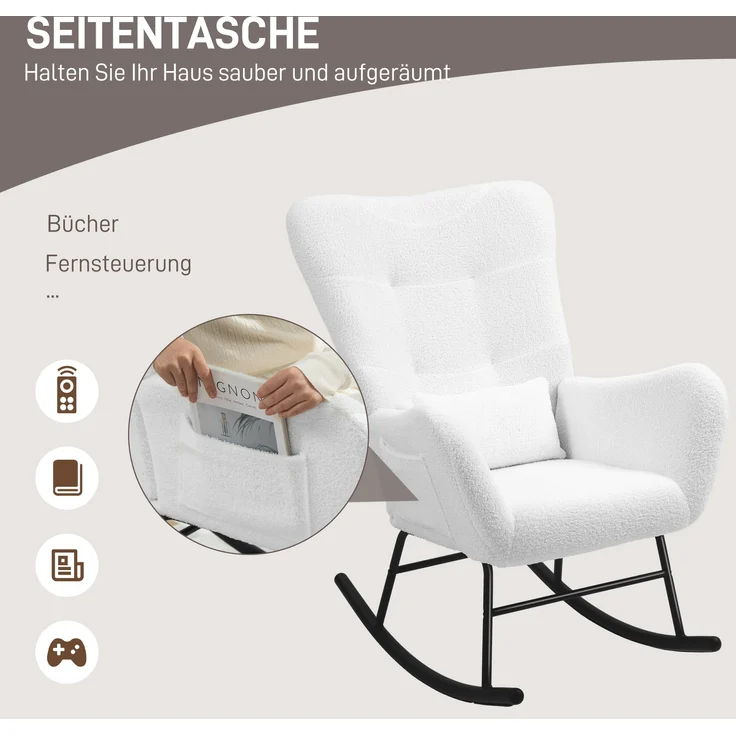 Schaukelstuhl mit Seitentasche Teddystoff Bezug 120 kg Tragkraft Filzgleiter,Kuscheliger Relaxsessel,Weiß – Bild 4