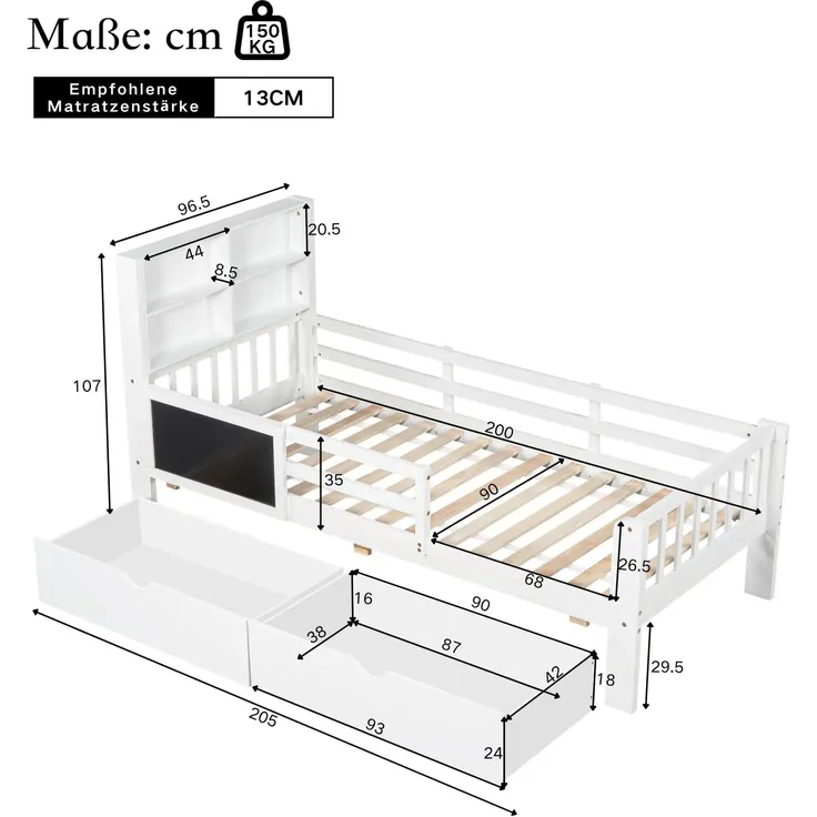 Kinderbett mit Lattenrost, Schubladen, Rausfallschutz, Regal und Tafel, 90x200 cm, Einzelbett, Holzbett, Jugendbett, Kiefer – Bild 5