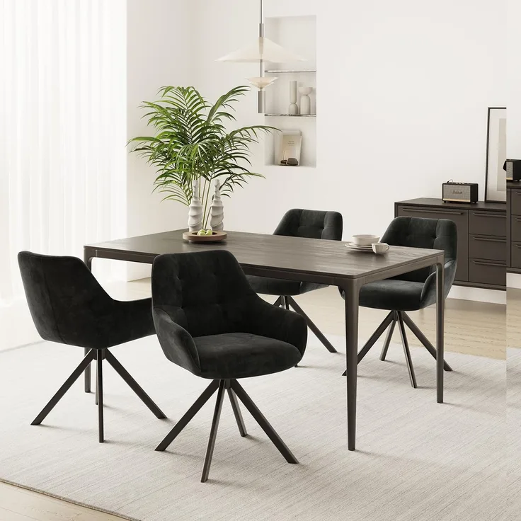 MALOL Drehbare Esszimmerstühle 4er Set, 360° Drehbare Armlehnstühle mit weichem Florstoff & Metallgestell, Bequeme Esszimmerstühle Drehbar mit Rückenlehne für Küche, Esszimmer, Büro, Schwarz