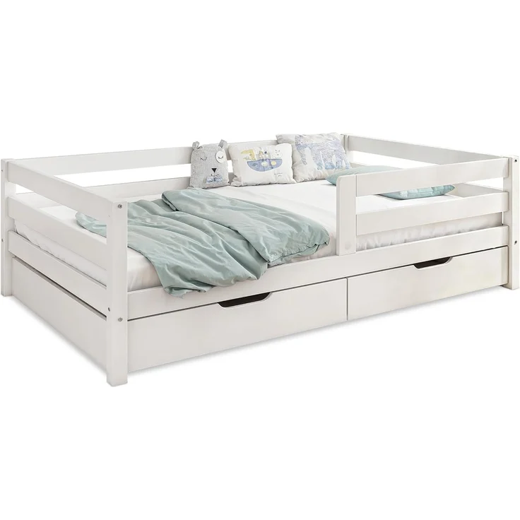 Ehrenkind Kinderbett aus massivem Kiefernholz mit Rausfallschutz in Natur und Weiß (Jugendbett in weiß, Kinder Bett), Kinderbett 120x200 cm – Bild 1