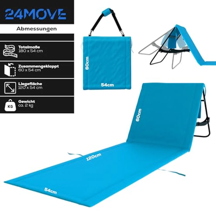 24Move Strandtuch, Strandmatte, Klappbare Campingliege, Tragetasche, (für Urlaub oder Garten), faktbar zur Tasche und Gurt, 1er, blau, Strandtuch – Bild 4