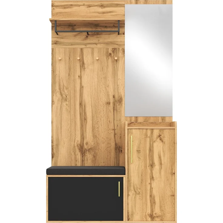 Kompaktgarderobe mit Spiegel, Sitzbank & Schuhschrank, 100x38x185 cm, Natur/Schwarz – Bild 7