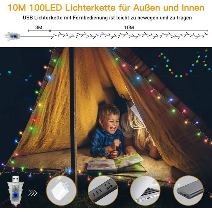 Diyarts LED-Lichterkette, 100-flammig, Bunt & Warmweiß, 2x10m, IP44, 4-in-1, ganzjährige Vielseitigkeit – Bild 4