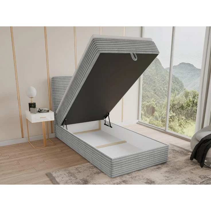 Boxspringbett Mollo Mini mit Bettkasten und Matratzentopper - Einzelbett mit Bonell-Matratze und Topper, Polsterbett in weichem Cordstoff, Bett, Schlafzimmer (Grau (Tilia 86), 80 x 200 cm) – Bild 4