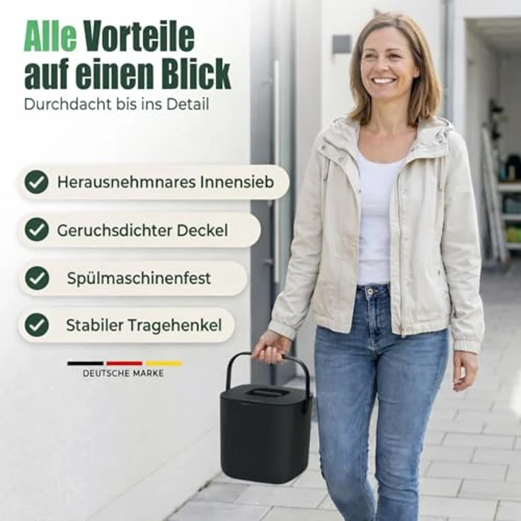 YourCasa Biomülleimer Küche - 4L Komposteimer für alltäglichen Biomüll Behälter - Spülmaschinenfest - Geruchsdicht - Sieb - Bio Mülleimer klein mit Deckel Eimer Bioabfallbehälter Biotonne (4L Schwarz) – Bild 8
