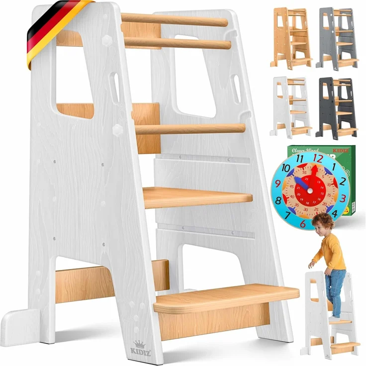 KIDIZ® Lernturm für Kinder ab 1 Jahr inkl. Lernuhr | 3-stufig Höhenverstellbarer Tritthocker aus Kiefernholz | spielerisch motorische Fähigkeiten fördern Montessori Learning Tower bis 50 kg belastbar Weiß / Hellbraun – Bild 1