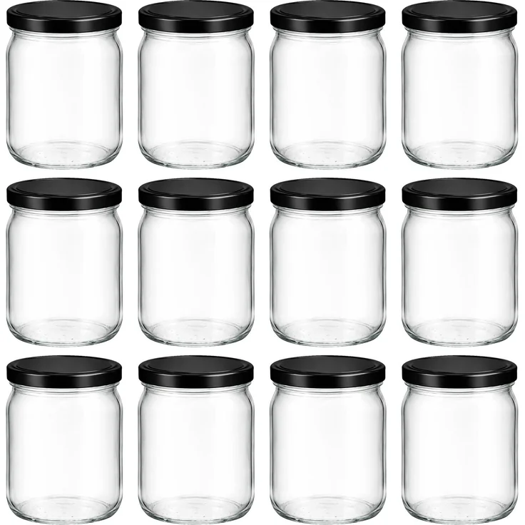 hocz 12x Einmachgläser 500 ml | mit Deckel Schwarz TO 82 | leere Gläser mit Schraubdeckel zum befüllen | Sturzgläser, Schraubgläser, Marmeladengläser Set | 12 Stück