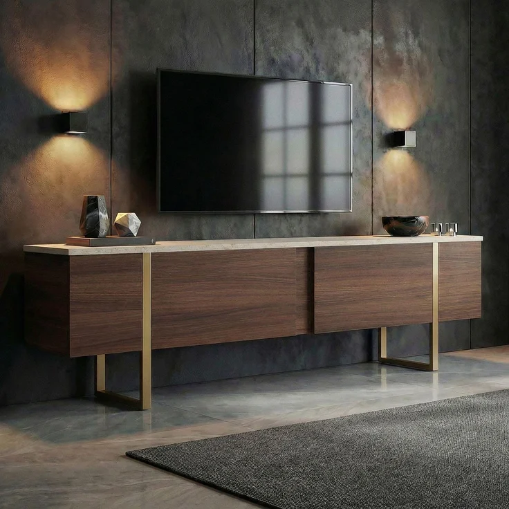Eleganter TV-Ständer, 180 cm, Travertin & Mailänder Nussbaum mit goldenen Akzenten | 100% melaminbeschichtete Spanplatte, 18 mm stark | Stilvolles & funktionales Design