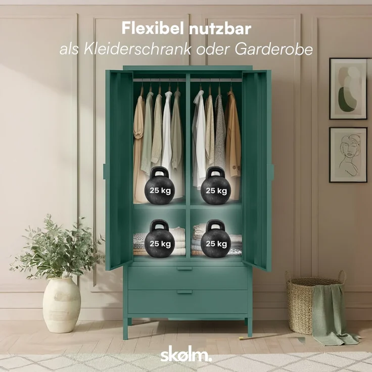skølm 'Ituri' Kleiderschrank mit 2 Schubladen, Metall, 170x45x80 cm, dunkelgrün, Garderobe mit 4 Fächern und 2 Kleiderstangen – Bild 6
