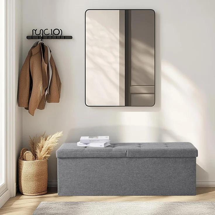 Zedelmaier Sitzbank mit Stauraum Sitzhocker Faltbar Truhen, Deckel Abnehmbar, 114 x 38 x 38 cm (Hellgrau - Leinen) – Bild 4