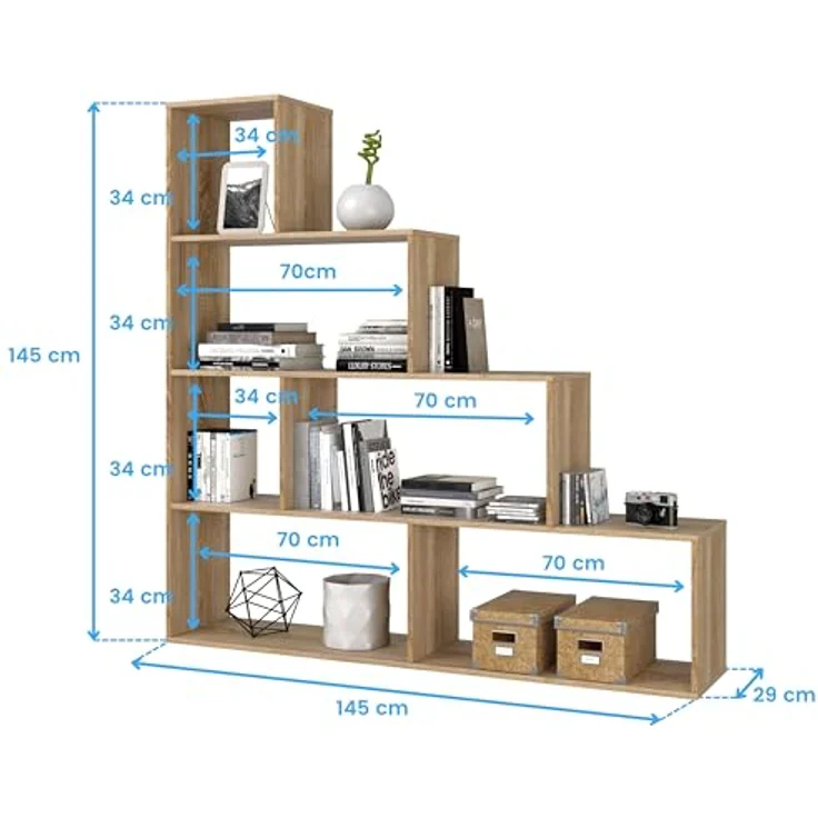Habitdesign, Bücherregal – dekoratives Regal mit Hochglanz-Finish in kanadischer Eiche, ideal für Wohnzimmer, Büro oder Esszimmer, Maße: 145 x 145 x 29 cm (B x H x T), Modell Klum – Bild 4