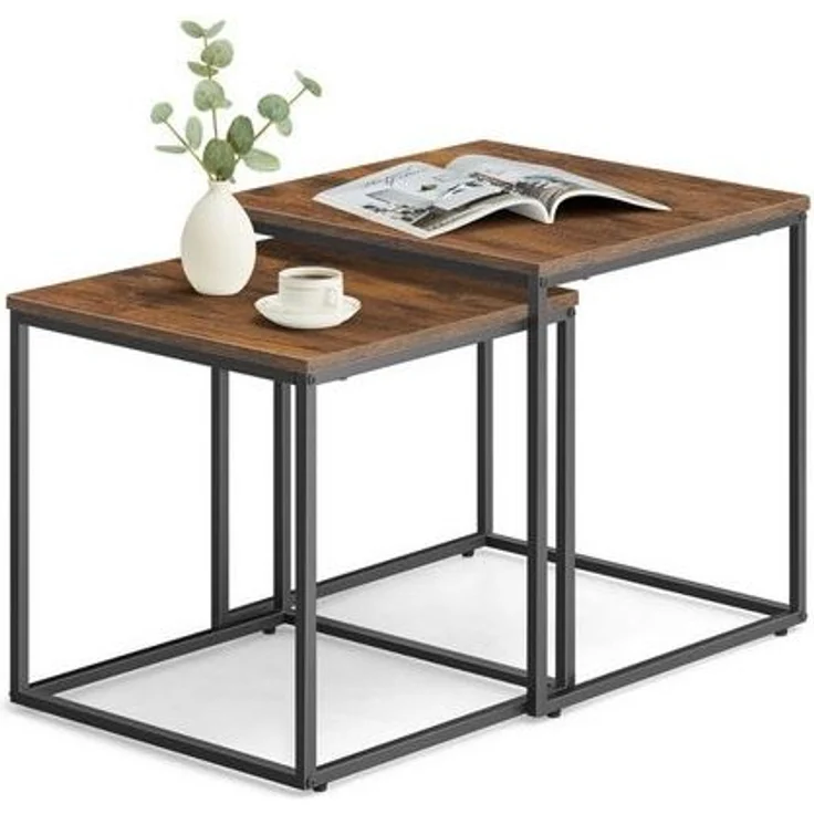 Home Collective Couchtisch 2er Set Beistelltisch Loft Design 2in1 Verschachtelung Wohnzimmer, kratzfeste Oberfläche 53cm & 43cm Rustikal-Eiche schwarzen Beinen rund – Bild 4