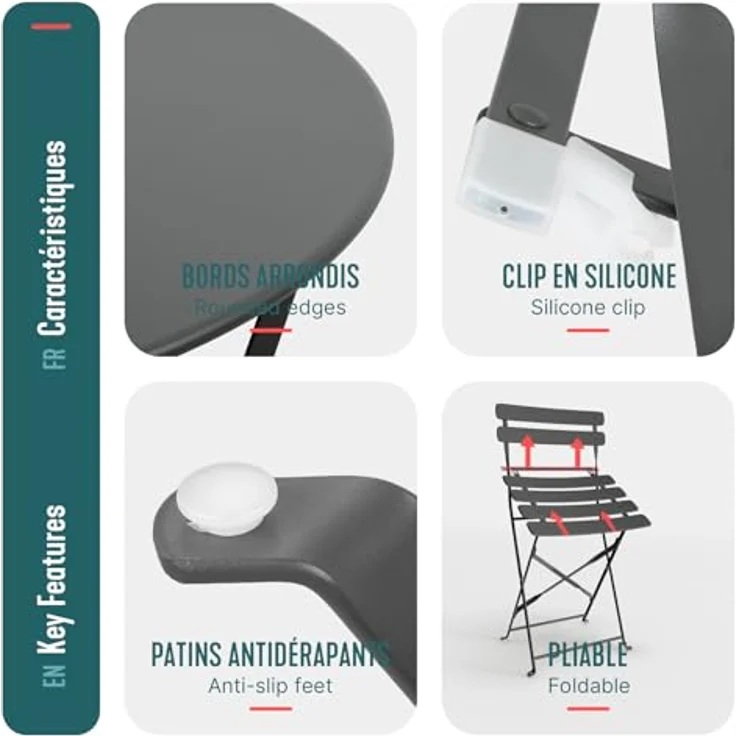 VOUNOT® Bistroset 3-teilig, Klappbar Bistrotisch mit 2 Stühlen, Metall Bistro Set Outdoor, Gartenmöbel Set, Sitzgruppe für Balkon, Terrasse, Garten & Wohnraum, UV- und wetterfest, Grau – Bild 5