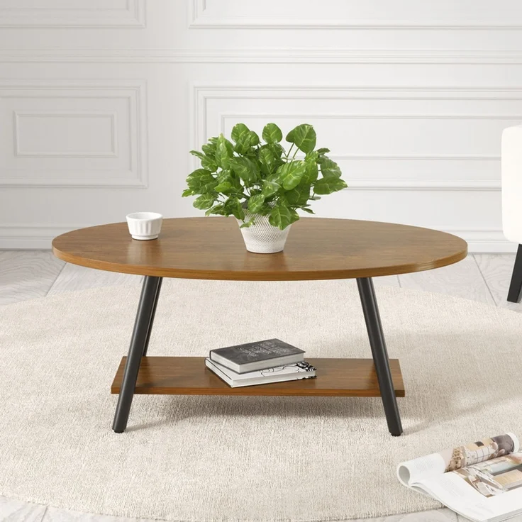 Hawthyhome Runder Beistelltisch 2-stöckiger Couchtisch mit Stauraum, ovale Tischplatte, Massivholz & Metallrahmen, moderner Industriestil, wasserdicht & verschleißfest, schnelle Montage, für Wohnzimmer & Schlafzimmer, Gelb – Bild 6