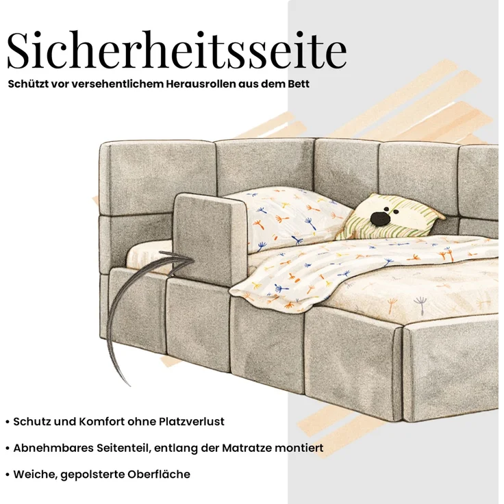 Kinderbett, Polsterbett 90x200 TILVO ALTA mit Rausfallschutz & Bettkasten, Gasdruckfeder-Lift, inkl. Lattenrost, Matratze wählbar - Beige Cord - MIRO LUX - Rechts Seite – Bild 6