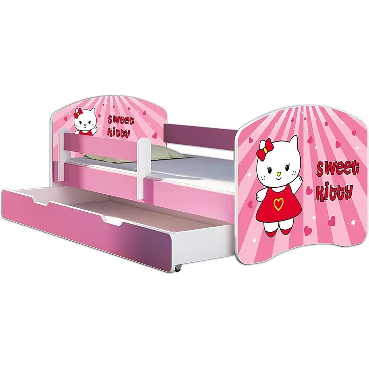 Kinderbett Jugendbett mit einer Schublade und Matratze Rausfallschutz Rosa 70x140 80x160 80x180 ACMA II (15 Sweet Kitty, 70x140 cm + Bettkasten)