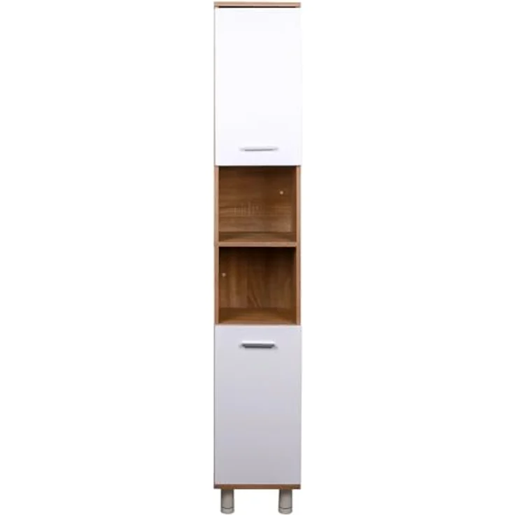 Shally Dogan Hocher, platzsparender Schrank mit 2 Türen, schmaler freistehender Schrank mit 4 Füßen, Mehrzweck-Aufbewahrungsregal, Wohnzimmer, Badezimmer, Küche, Bücherregal, Büro (Weiß + Eiche) – Bild 4