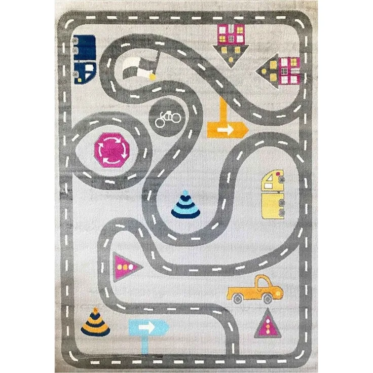 Vimoda Kinderteppich Mondol, Teppich Kinderzimmer mit Auto, Strasse Muster, Rechteckig, Höhe: 8 mm, Spielteppich für kinder, Auto und Straße Muster in Blau & Grau