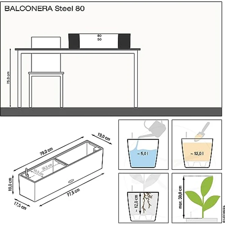 Lechuza Balconera Steel, Balkonkasten aus Edelstahl mit max. Außenlänge 80 cm, perlgrau, mit integriertem Bewässerungssystem – Bild 3