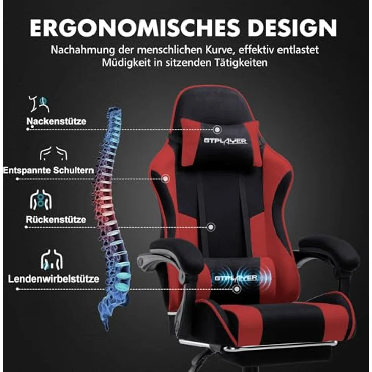 GTPLAYER Gaming Stuhl, Bürostuhl, Ergonomischer Pc Stuhl, Gaming Sessel mit Massagelendenwirbelstütze, Task Stühle mit Fußstütze und Kopfstütze, Rot Stoff – Bild 7