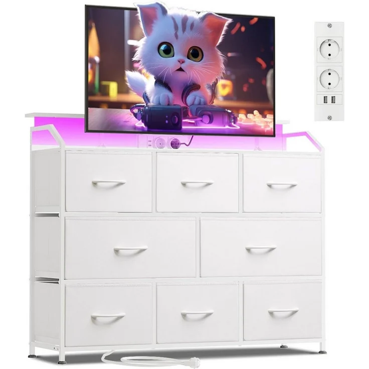 WLIVE Kommode mit 8 Stoffschubladen, LED-Beleuchtung und Ladestation (Aufbewahrungsschrank mit Holzplatte und Metallgestell, Aufbewahrungsschrank mit Holzplatte und Metallgestell), Schlafzimmerkommode für Wohnzimmer, Flur und Schlafzimmer – Bild 1