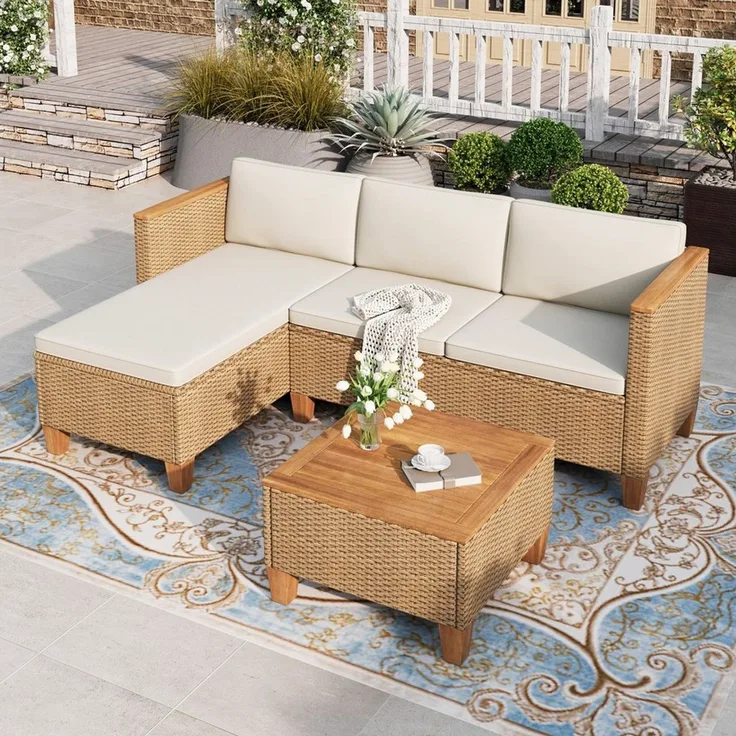 PHI VILLA Gartenlounge-Set, (3 Teilig Gartenmöbel Set Balkonmöbel Rattan Lounge, 1 Chaiselongue, 1 Zweisitzer-Sofa und 1 Kleiner Couchtisch), 4 Personen Terassenmöbel Außen Gartensofa