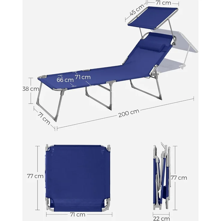 SONGMICS Große Sonnenliege, klappbarer Liegestuhl, 71 x 200 x 38 cm, Belastbarkeit 150 kg, mit Sonnenschutz, Kopfstütze und Verstellbarer Rückenlehne, für Garten Pool Terrasse, dunkelblau GCB22BUV2 – Bild 7