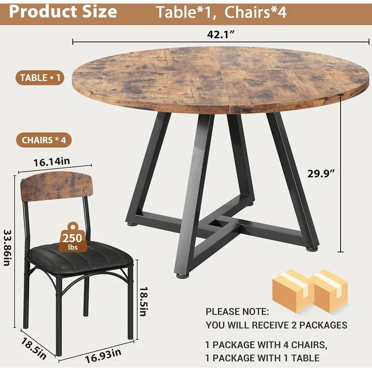Esstisch Runder und 4 Esszimmerstühle Set, Essgruppe 5-Teilig, Küchentisch mit stabilem Metallgestell und 4 stühle, platzsparender Esszimmertisch aus Holz im Industrial Design (Vintage Braun, 107cm) – Bild 7